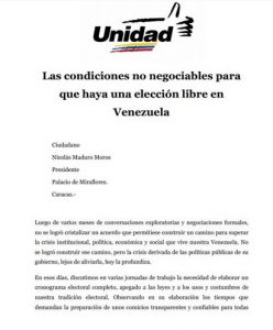 Oposición exige a Nicolás Maduro garantías "no negociables" para Maduro